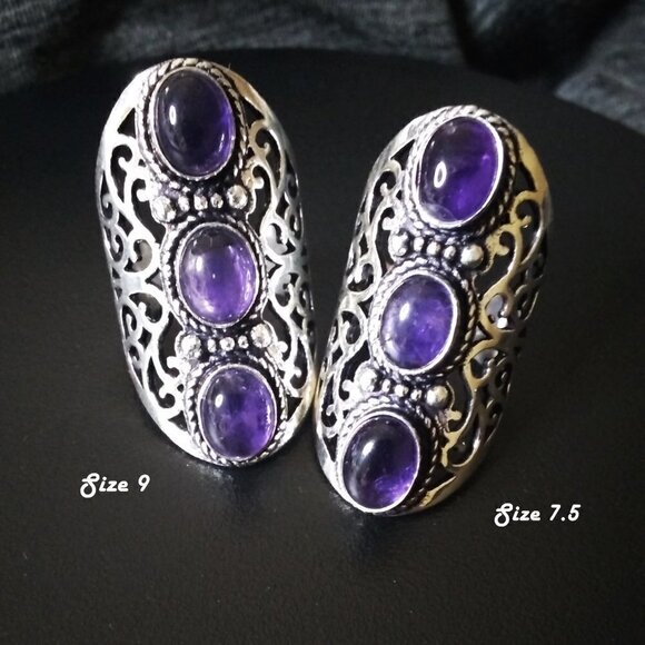 Genuine Amethyst Cabochon Shield Ring - Size 7.5 or 9! Trendy Boho Sexy Chic - Picture 1 of 12